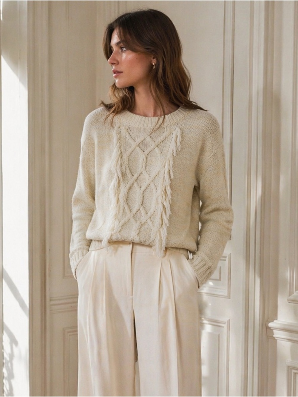 Ellison Cableknit Fringe Sweater Honey NEW Size Small